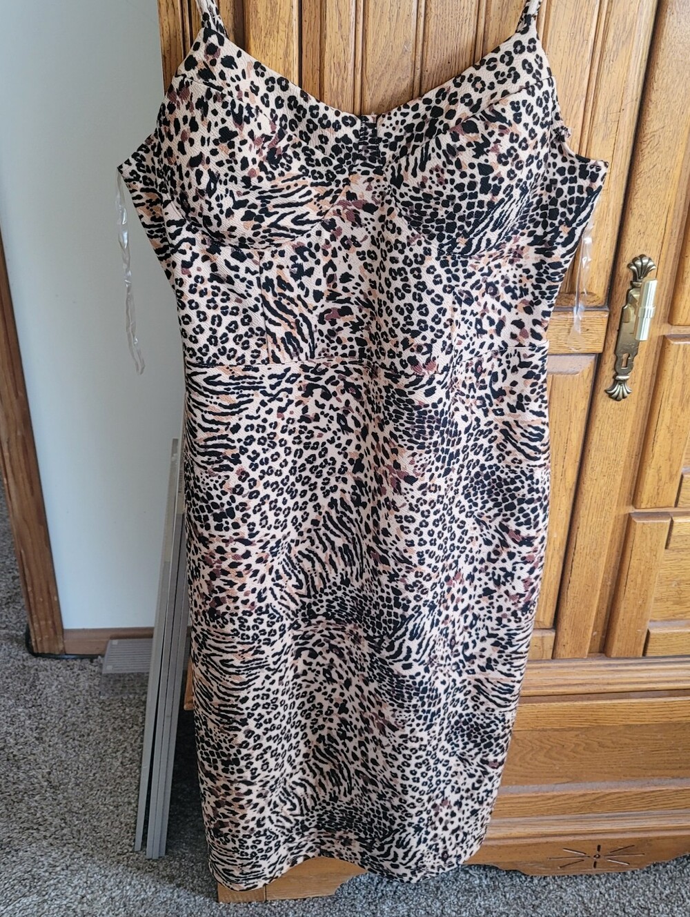 No Boundaries Leopard Print Midi Slip Dress in Beige, Black and Blush